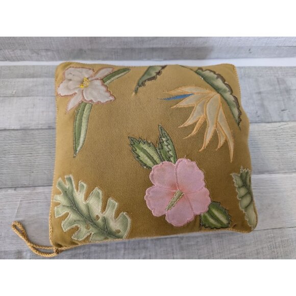 Vintage Yellow Velvet Throw Pillow With Floral Embroidery & Gold Cord Accent - Picture 1 of 8